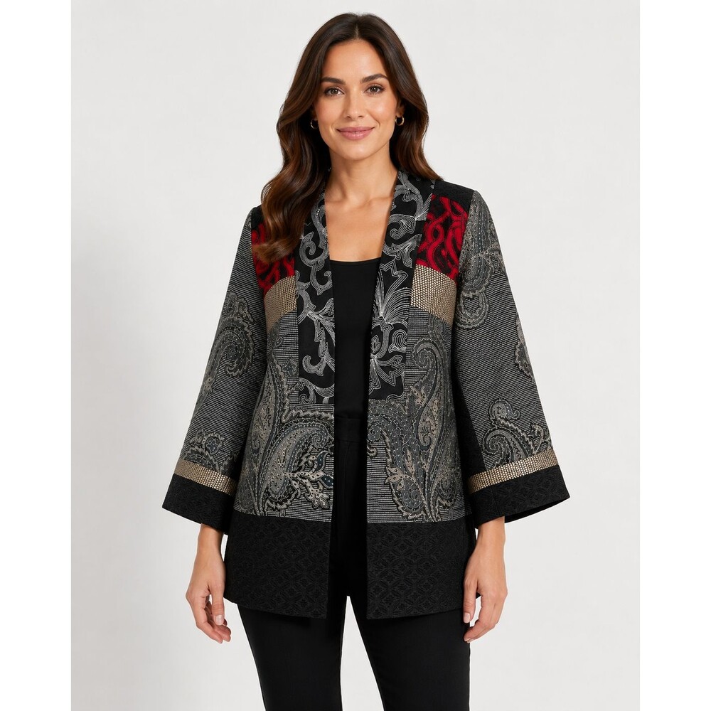 Chico’s One Size 4/6 Black Paisley Open Front Jacket Kimono Red Accent